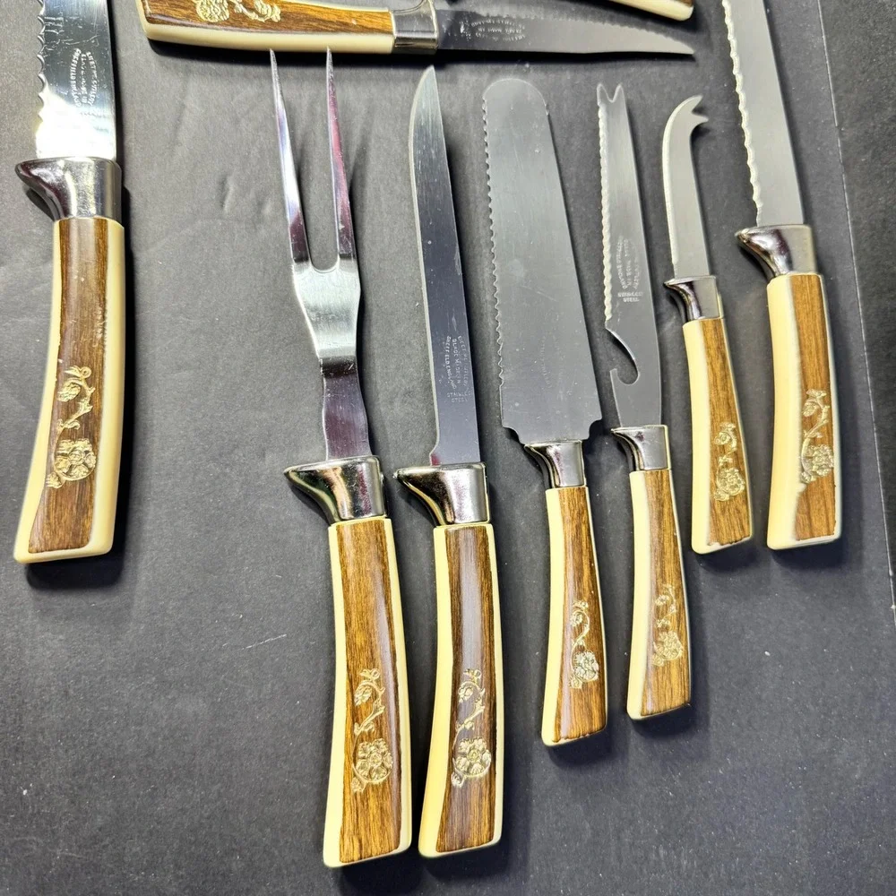 Lifetime Cutlery 15pc Knife‎ Set Regent Sheffield Gold Rose Stainless Steel VTG
